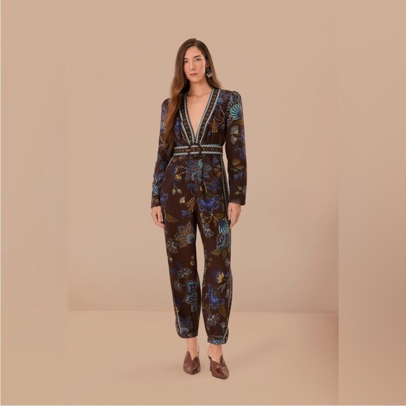 Farm Rio Brown Embroidered Garden Floral print V Neck Jumpsuit